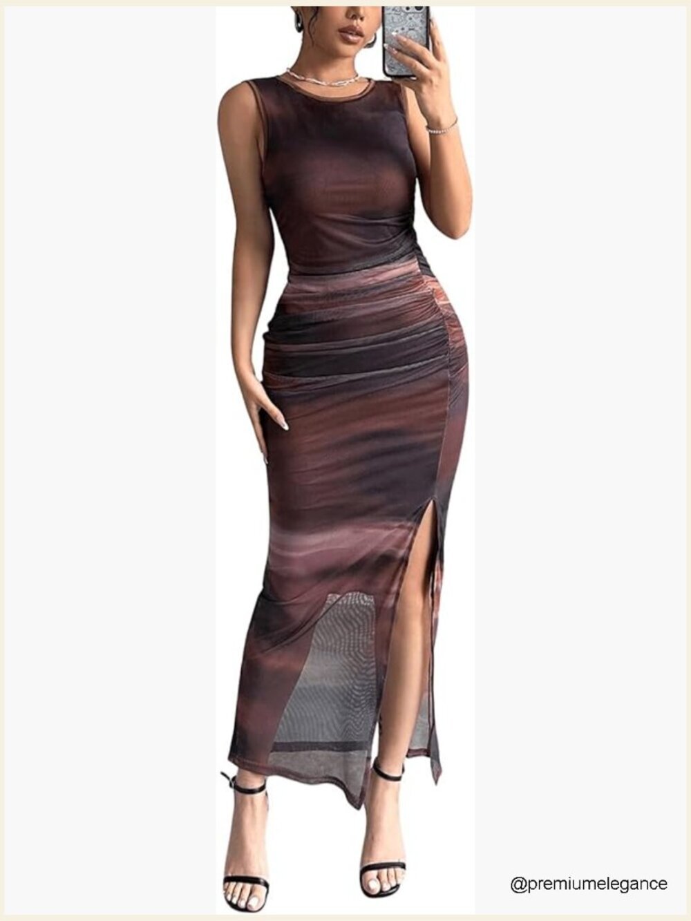 Tie Dye Mesh Bodycon Dress Ruched Split Thigh Club Maxi - Picture 1 of 5